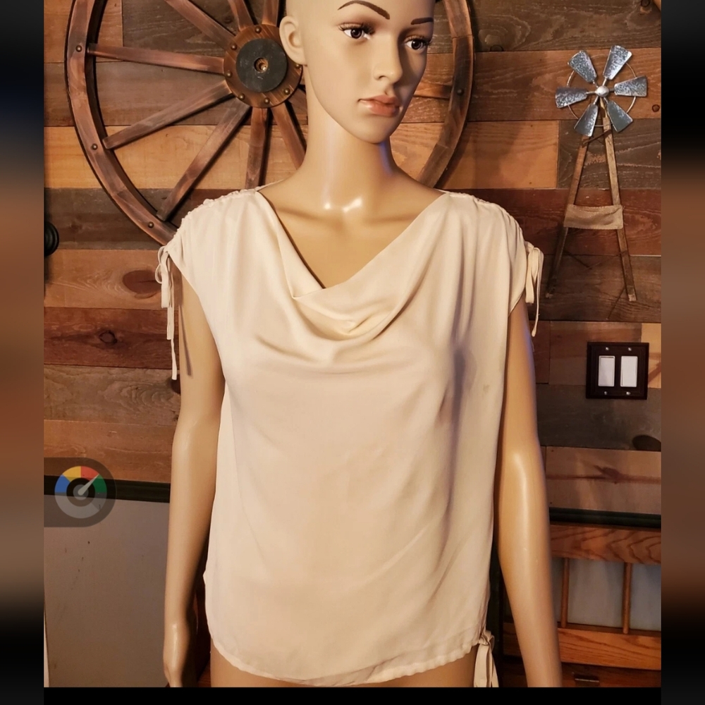 Escada Beige Silk Draped-Shoulder Sleeveless Blouse - Picture 2 of 9